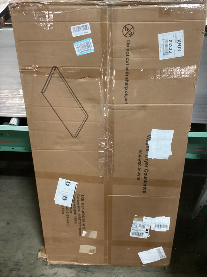Condition photo showing New/Like New for washer dryer countertop, laundry counter top with edge rails non-slip pads,27.6" depth x 54" width wood topper for washer dryer,laundry machine cover for storage and organization white