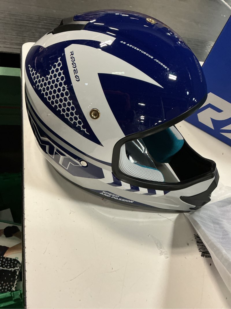Condition photo showing New/Like New for (xl)roozo youth dirt bike helmet dot certified - full face motorcycle helmet for off-road, atv, street riding, includes adjustable goggles & protective gloves blue x-large