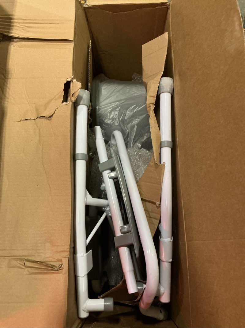 Condition photo showing As Is for medline adjustable steel drop-arm bedside commode, portable bedside toilet, 350 lb weight capacity removable 7.5 qt. bucket, toilet chair for elderly, tool-free assembly