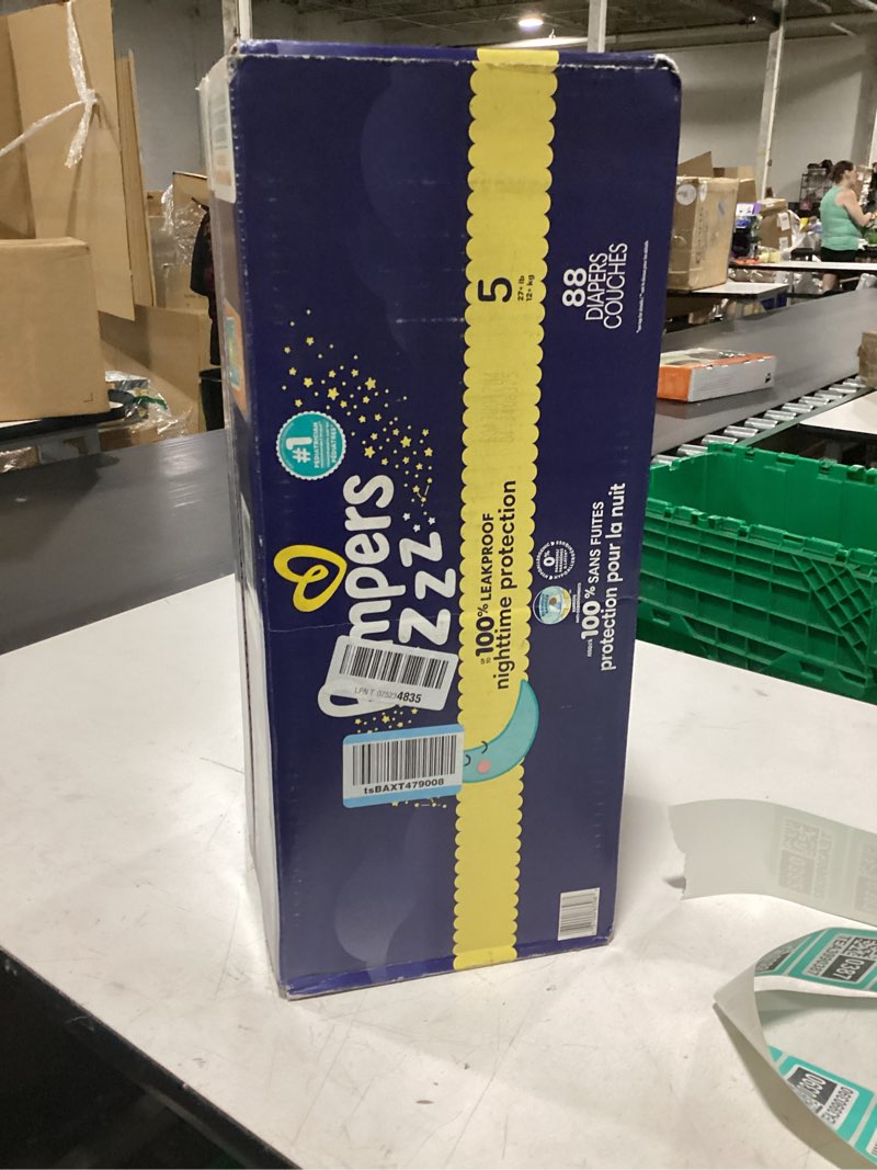Condition photo showing As Is for pampers zzz overnight diapers, size 5 (27+ lbs), 88 count, nighttime protection disposable baby diaper, night time leak and skin protection size 5 88