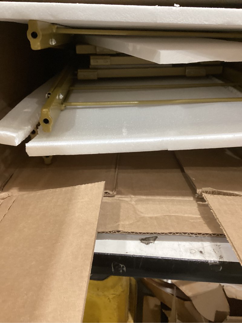 Condition photo showing As Is for 5 Tier Foldable Storage Shelves, Expandable Folding Shelving Units with Wheels, Changeable into 2 Shelf Units, Collapsible Adjustable Storage Rack Metal Shelves for Storage, Pantry, Garage, Gold Gold 5-Tier