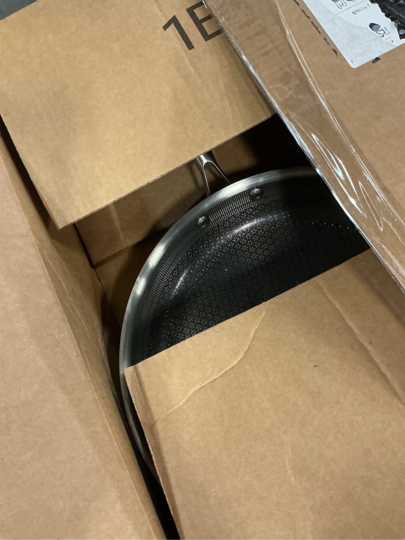 Condition photo showing Good Condition for cooking king 12-inch stainless steel pan, hybrid nonstick frying pan, skillet, 3-ply clad cookware, even heat distribution, dishwasher & oven safe, with stay-cool handle, induction compatible stainless steel 12 inch