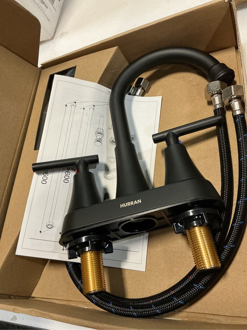 Condition photo showing As Is for bathroom faucets for sink 3 hole, hurran 4 inch matte black with pop-up drain and 2 supply hoses, stainless steel lead-free 2-handle centerset faucet for sink vanity