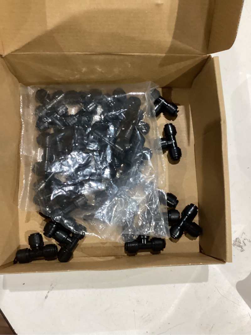 Condition photo showing As Is for 30 pcs quick connect 1/4" drip irrigation tee fittings, push-to-connect drip irrigation tee connectors for 1/4 inch irrigation tubing with 10pcs end plugs,hose connectors for garden irrigation system 30pcs 1/4" tee