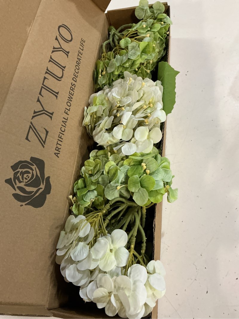 Condition photo showing New/Like New for zytuyo 2pcs white & 2pcs green fake hydrangea real touch 20" latex artificial hydrangea flowers with long stems for outdoor indoor spring home decor porch party wedding xmas floral arrangements white/green