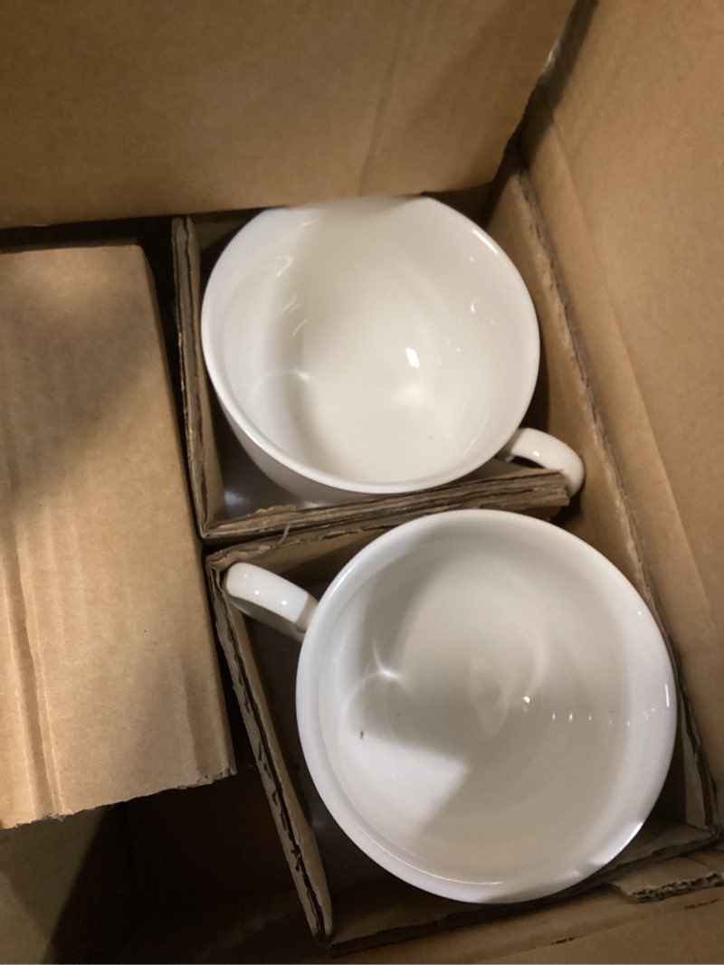 Condition photo showing Good Condition for 10oz porcelain cappuccino cups with saucers, ceramic espresso cups set, white coffee cup and saucer, white tea cup set, dishwasher & microwave safe, gift for anniversary or housewarming (4pcs)