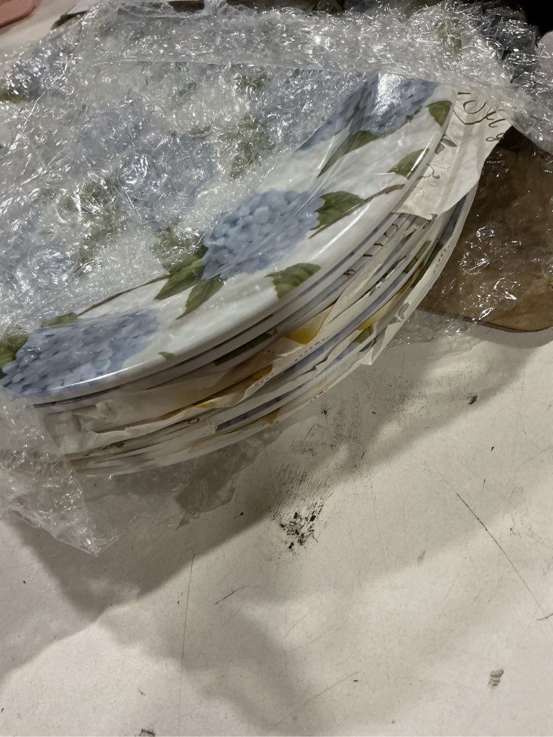 Condition photo showing As Is for qinyoung 8 pcs hydrangea dessert plates 8" melamine flower dinner plates plastic vintage floral dishes spring easter dinnerware for garden floral tea party birthday party summer holiday 8" hydrangea