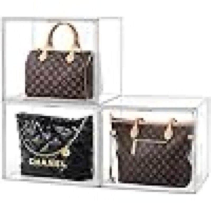hblife 3 pack purse storage organizer for closet, x-large clear stackable handbag display case box with magnetic door for collectibles, cosmetics, women heels and toys