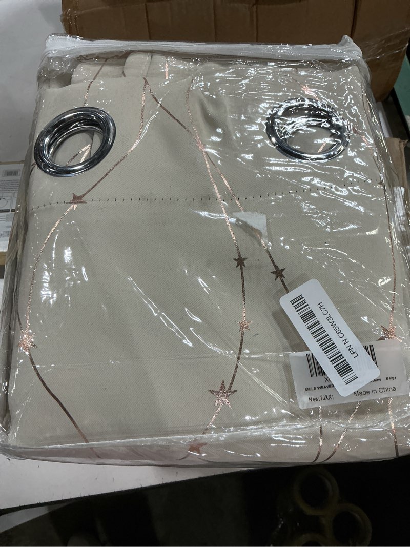 Condition photo showing New/Like New for smile weaver cream blackout curtains 63 inches long for bedroom/living room,soft thick thermal insulated room darkening window treatment drapes with gold printed design,2 panels beige gold 52"w x 63"l (pack of 2)