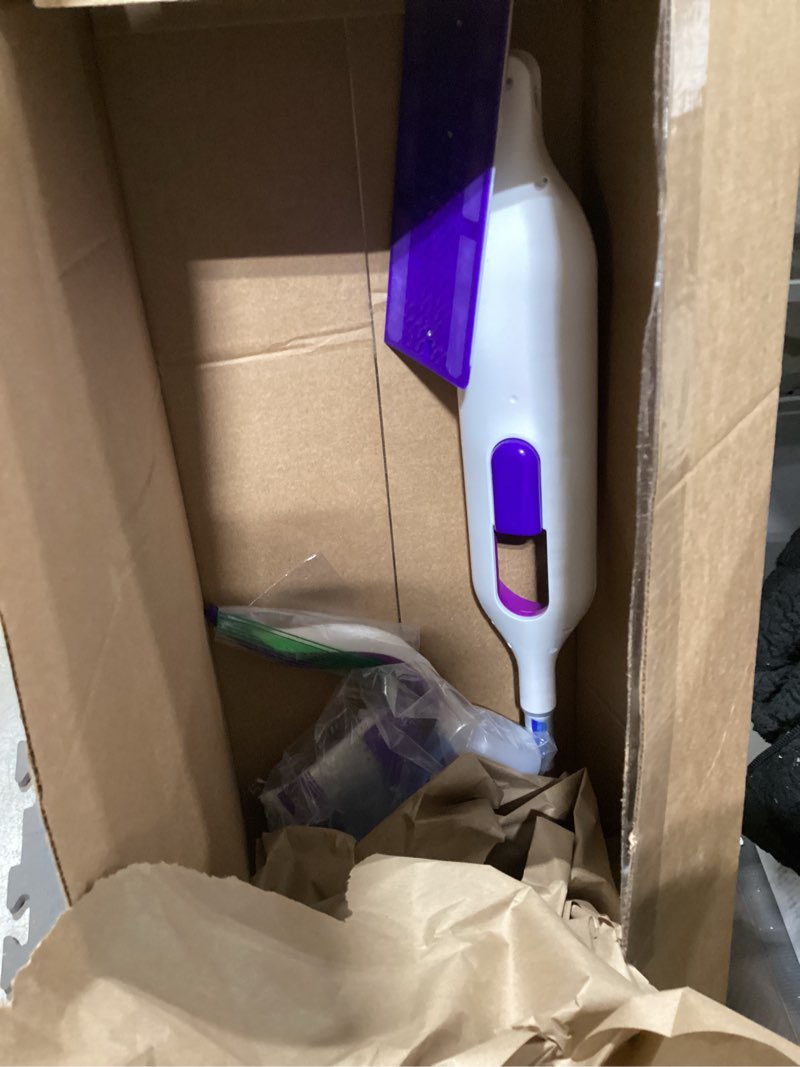 Condition photo showing As Is for swiffer powermop multi-surface mop kit for floor cleaning, fresh scent, mopping kit includes powermop, 2 mopping pad refills, 1 floor cleaning solution with fresh scent and 2 batteries purple and white