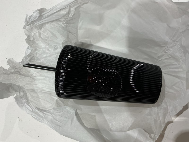 Condition photo showing New/Like New for a box of 4))))starbucks shiny black pleated cup winter 2024 16oz cold cup