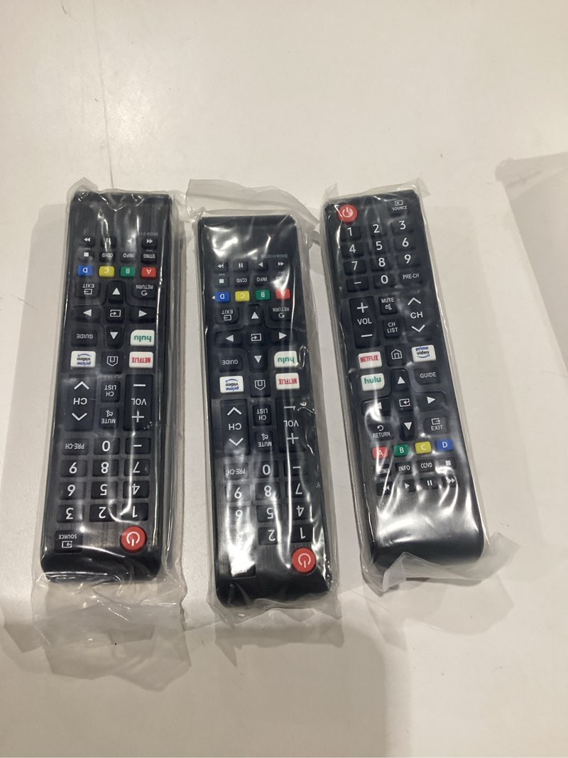 Condition photo showing New/Like New for ?pack of 3? replacement for samsung tv remote, universal for led, lcd, hdtv, 3d, series tv with netflix quick button