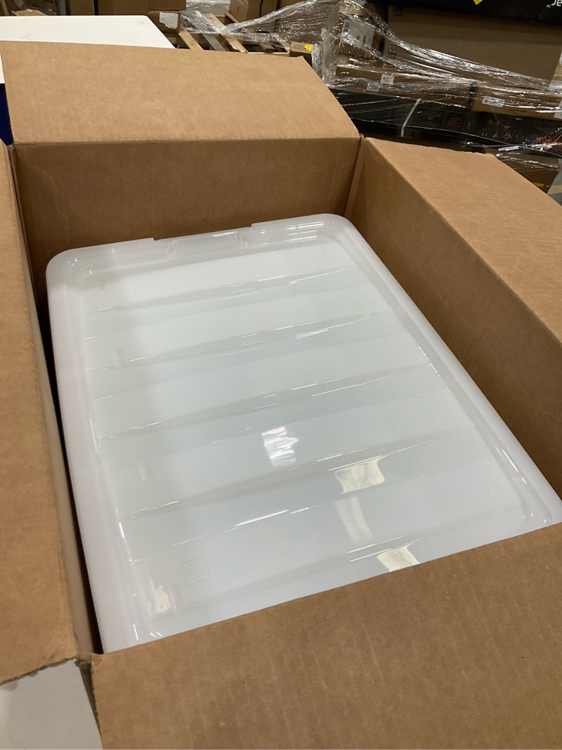 Condition photo showing As Is for IRIS USA Stackable Plastic Storage Bins with Lids - BPA-Free, Made in USA - Discreet Organizing Solution, Latches, Durable Nestable Containers, Secure Pull Handle - Pearl