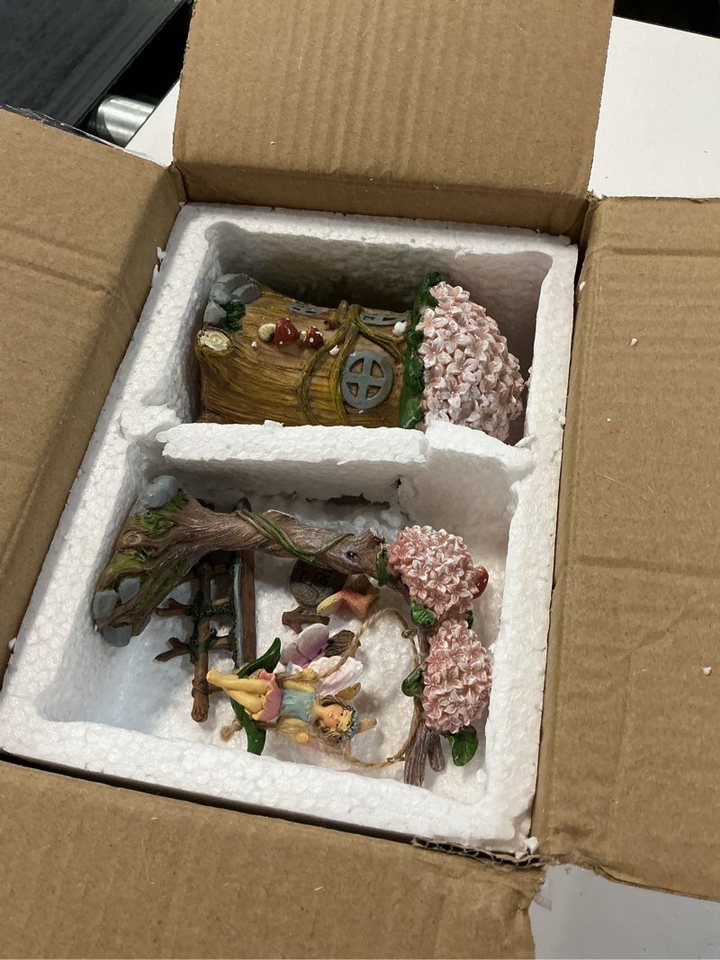 Condition photo showing New/Like New for miniature 8 pcs mini garden furniture, fairy garden accessories kit, resin figurines with swing set, whimsical theme, for outdoor patio, yard, lawn, or desk