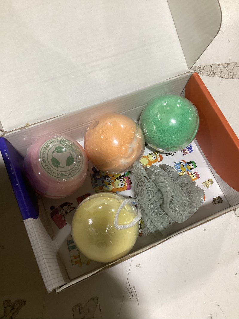 Condition photo showing As Is for the blue heelers gifts set: bath bombs with toys inside, shower steamers, mask craft, keychain, drawstring backpack, towel, blanket, sticker, poster, gift card, birthday gifts for kids boys girls