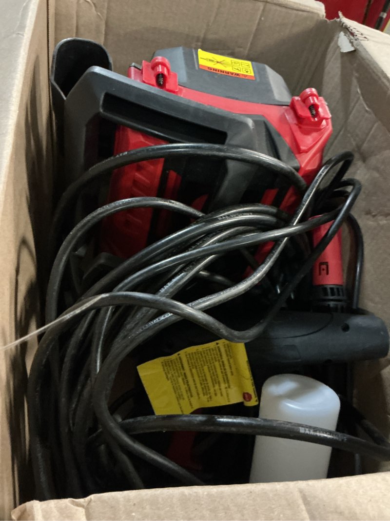 Condition photo showing As Is for electric pressure washer, 1850 psi max,1.0 gpm, 5" wheels, 18m cord/hose length max, power washer for patio, car, driveway, fence & home cleaning red