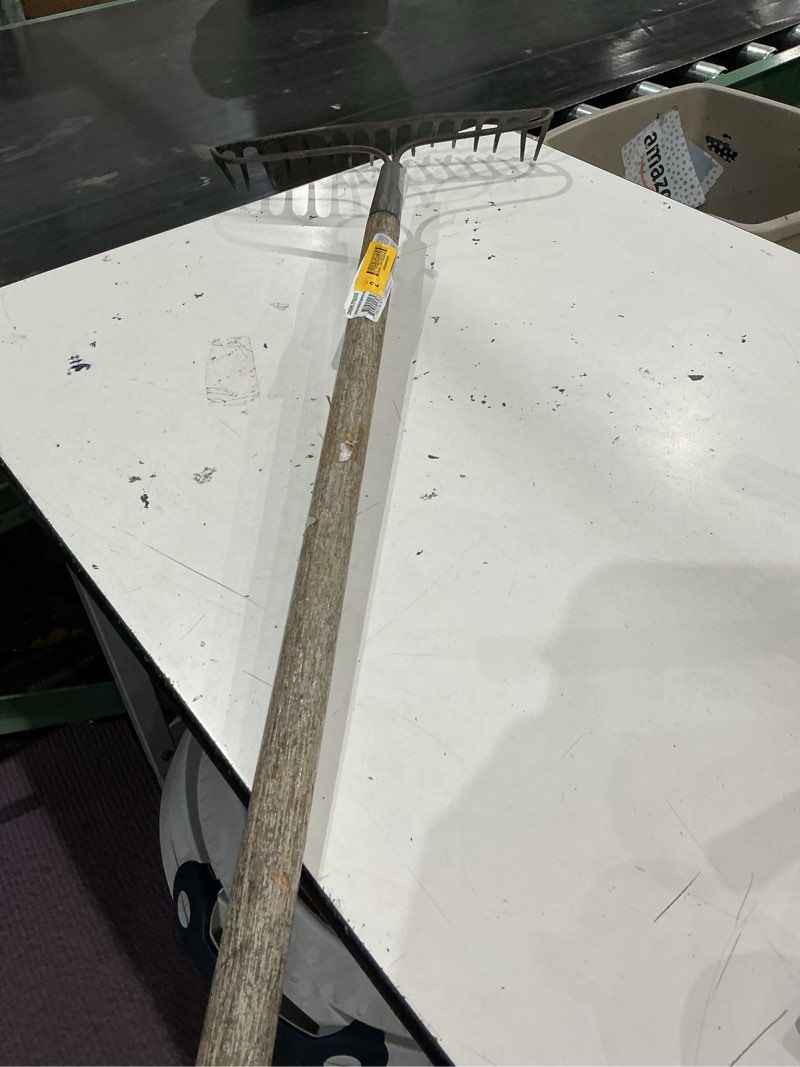 Condition photo showing As Is for craftsman 15-in welded steel lawn rake with wood handle