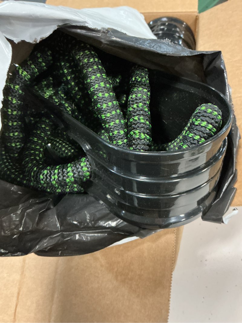 Condition photo showing As Is for flexi hose with 8 function nozzle, 100ft - lightweight expandable garden hose, no-kink flexibility, 3/4 inch solid brass fittings and double latex core - black and green