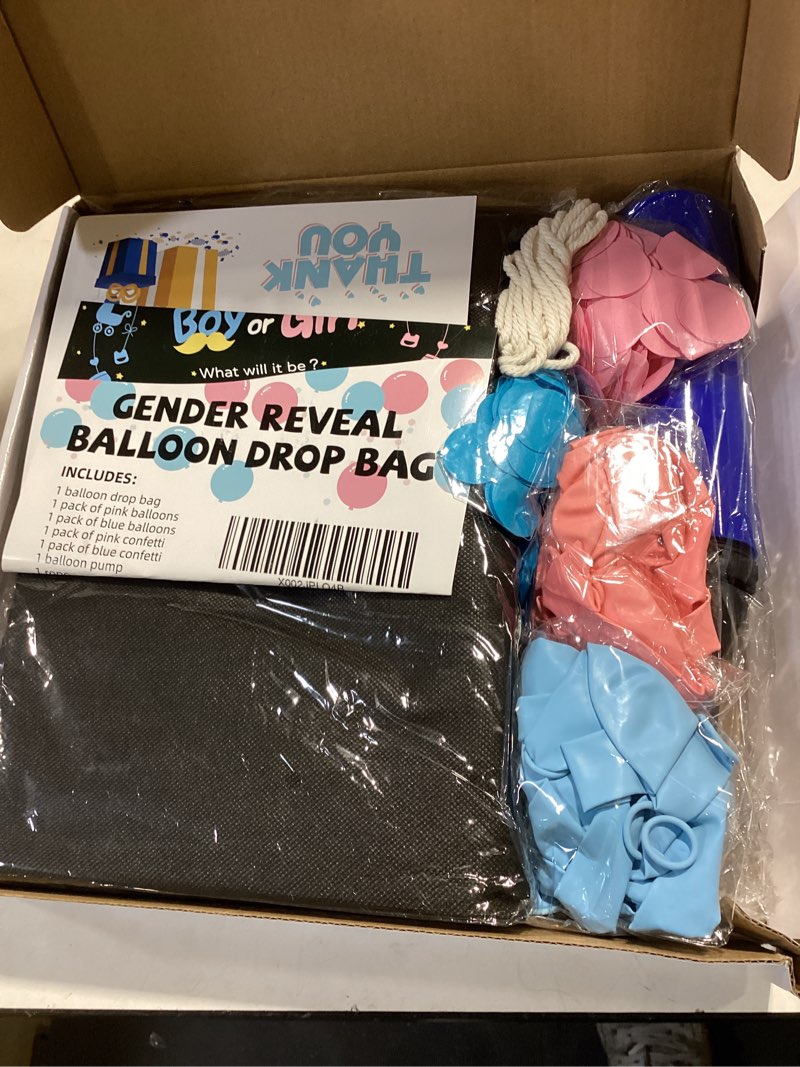 Condition photo showing Good Condition for gender reveal balloon drop bag, gender reveal pink and blue balloons party decorations kit supplies favors