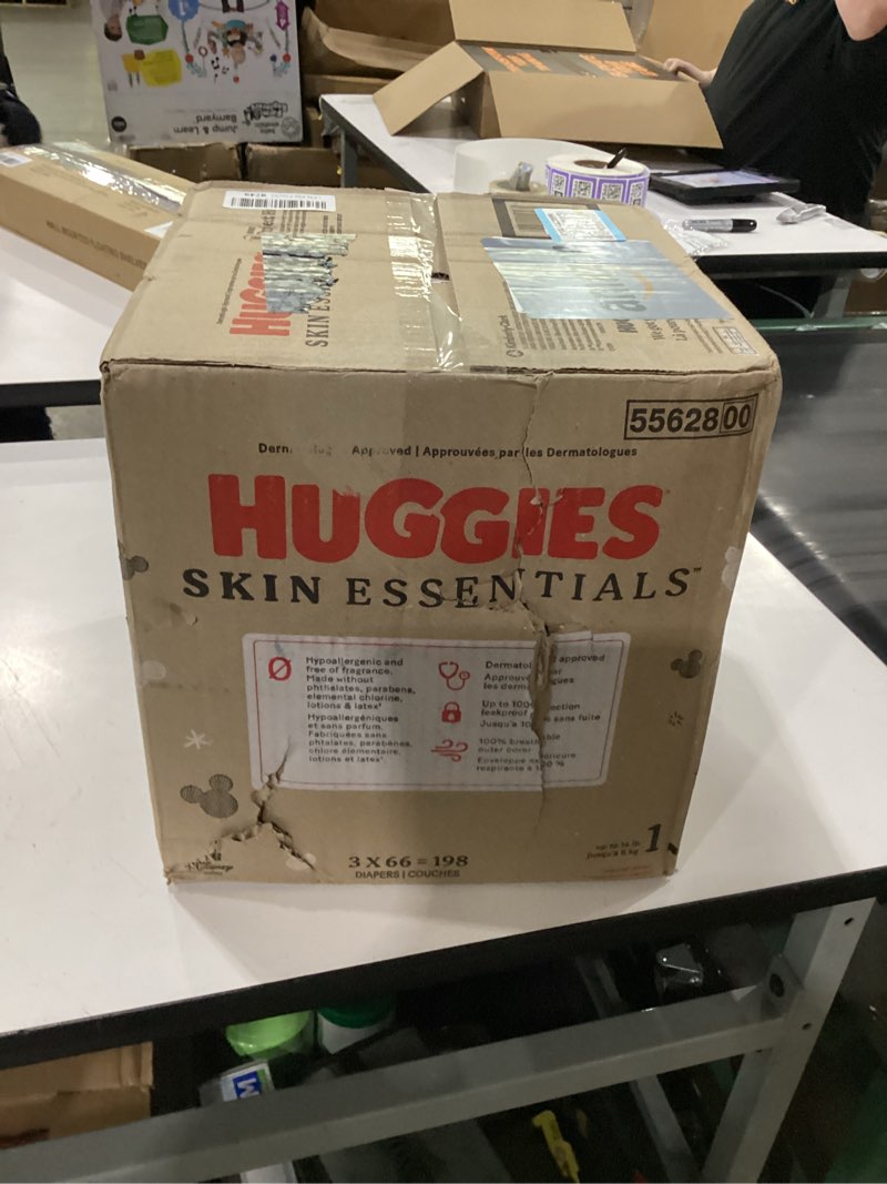 Condition photo showing As Is for huggies size 1 diapers, skin essentials baby diapers, size 1 (8-14 lbs), 198 count (3 packs of 66) size 1 198