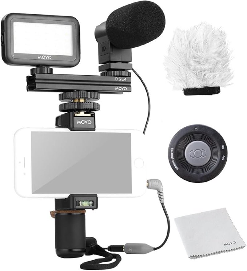 movo smartphone video kit v6 with grip rig, mini stereo microphone, led light &