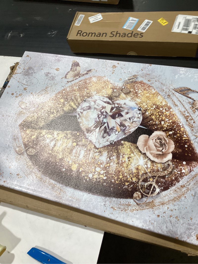 Condition photo showing Good Condition for conipit lip canvas wall art beauty gold lip picture prints stylish fashion painting with heart diamond artwork for makeup room bedroom salon wall decor 24x36 inch