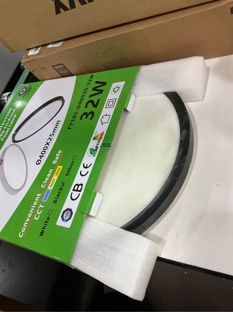 Condition photo showing As Is for 15.8 Inch Black LED Flush Mount Ceiling Light, 32W, 3480LM, 3000K/4000K/6000K CCT Selectable, Round Flat Panel Light Fits Hallways, Kitchens, Bedrooms, Laundry Rooms