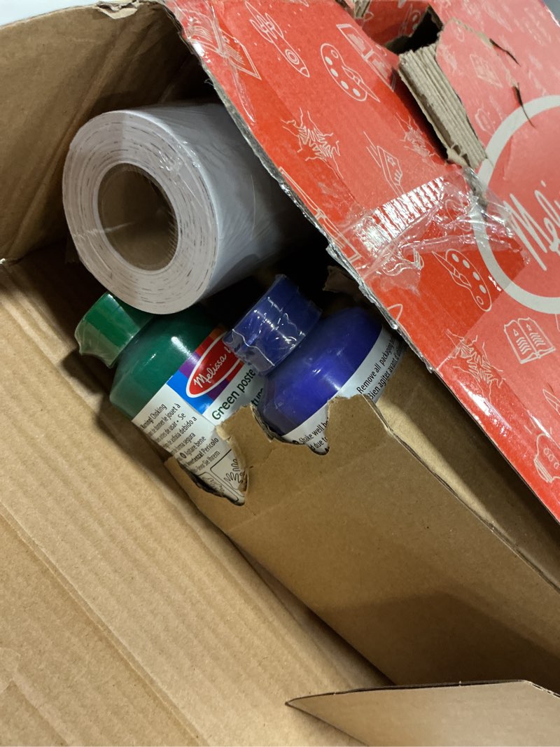 Condition photo showing As Is for Melissa & Doug Easel Accessory Set - Paint, Cups, Brushes, Chalk, Paper, Dry-Erase Marker - FSC Certified