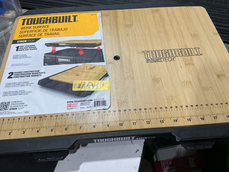 Condition photo showing Good Condition for toughbuilt stacktech work surface, bamboo wooden flat top auto-locking station, heavy-duty tool with built-in ruler and storage compartments