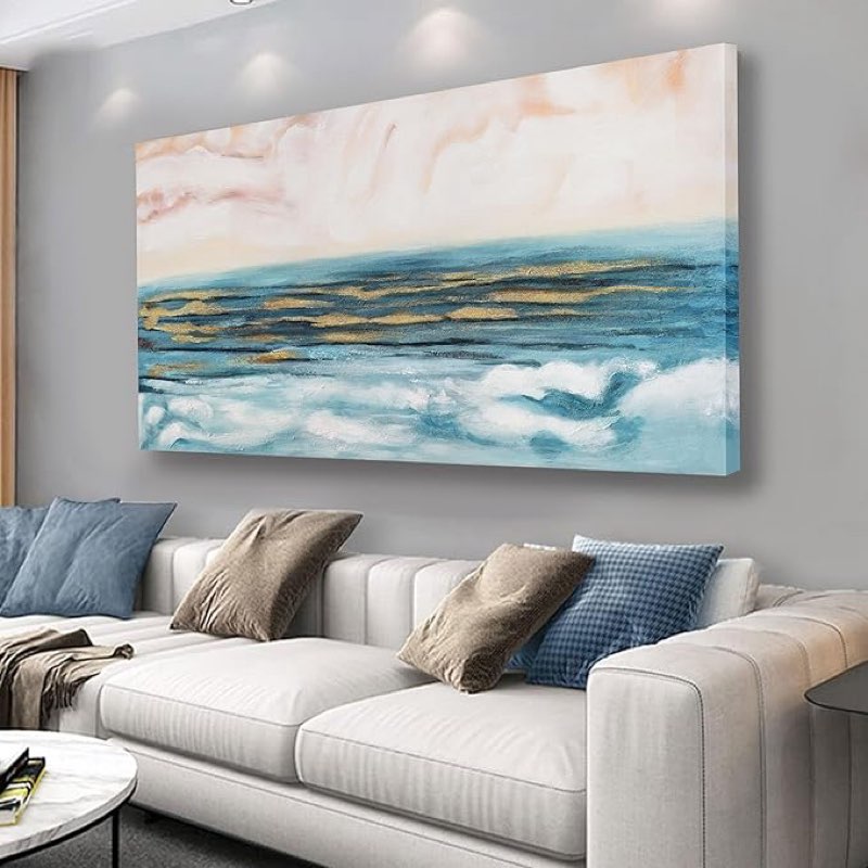 canvas wall art blue gold coast seascape abstract wall decor painting framed artwork living room bed
