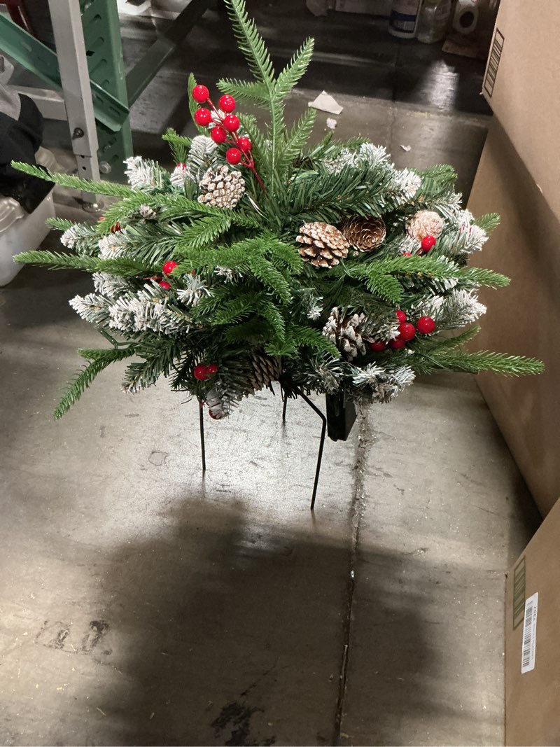 Condition photo showing As Is for Lighted Artificial Christmas Urn Filler Pre-lit Xmas Pine Trees With Cones Golden & Red Berries Tripod Stake And 20 LED Lights Outdoor Light Up Planter Filler Holiday Decor