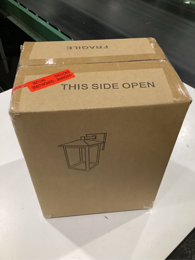 Condition photo showing New/Like New for Black Outdoor Wall Lights, Farmhouse Exterior Wall Sconces Light Fixture with Clear Glass, Modern Square Waterproof Lanterns for Front Door, Entry, Porch, Patio, and Gazebo