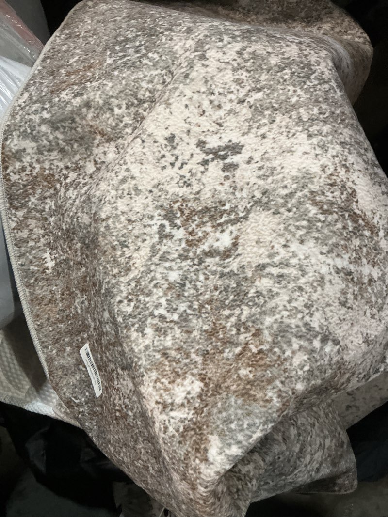Condition photo showing As Is for 8ft washable round rug - 8x8 area rugs modern abstract rugs for living room non-slip low pile soft machine washable carpet for bedroom, living room, dining room, nursery, farmhouse (8'x8' brown grey) 8' (round) brown grey