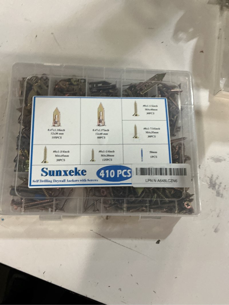 Condition photo showing New/Like New for 410 PCS Self Drilling Drywall Anchors with Screws Kit - 2 Sizes Sheetrock Anchors & 4 Sizes Zinc Expansion Screws,2025 Upgraded Zinc Plated Steel,No Drill Needed, Holds Up to 66LB on Walls KIT-410PCS
