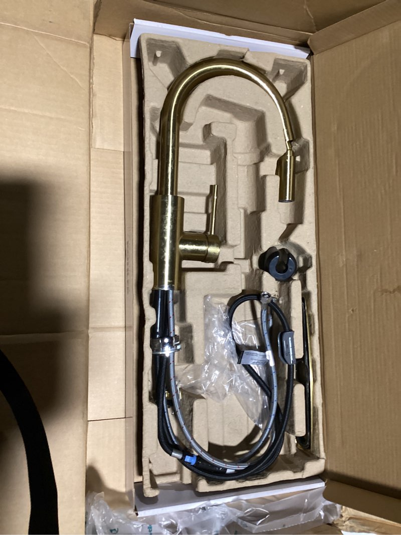 Condition photo showing As Is for As is KRAUS Oletto Single Handle Pull Down Kitchen Faucet with QuickDock Top Mount Installation Assembly in Spot-Free Brushed Brass, KPF-2620BB Brushed Brass Pull Down Faucet