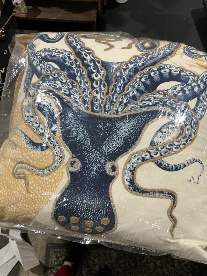 Condition photo showing Good Condition for saro lifestyle neptunian coastal throw pillow – 20” x 20”, woven cotton cover with jute trim, zipper closure, down & feather insert – octopus, navy blue