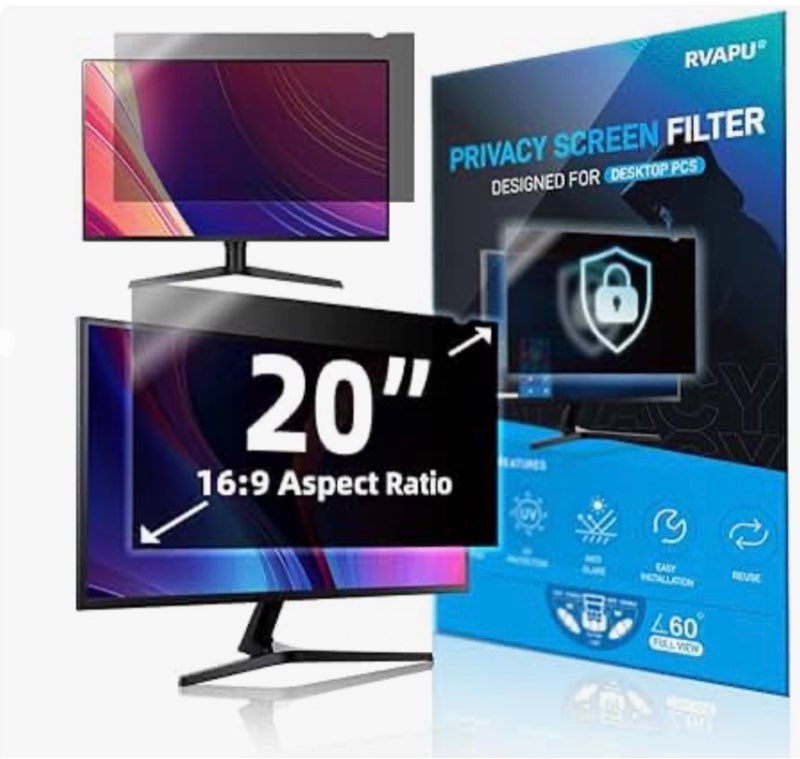 RVAPU Computer Privacy Screen Filter 20 Inch for 16:9 Widescreen Monitor Removable Anti Scratch Eye 