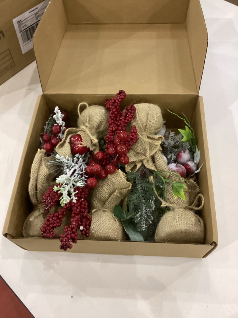 Condition photo showing As Is for winemana 6 Pcs Mini Christmas Tree Table Decorations, 9" Small Artificial Trees with Red Berries Pine Cone Tabletop Centerpiece for Home Office Room Holiday Decorations style 2