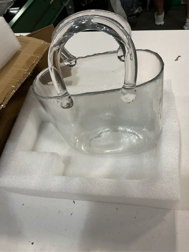 Condition photo showing As Is for noamus purse vase for flowers, unique clear glass bag vases with handle, handbag shape flower vase fish bowl, wide mouth bubble vases for wedding birthday centerpieces, home garden decor(transparent)