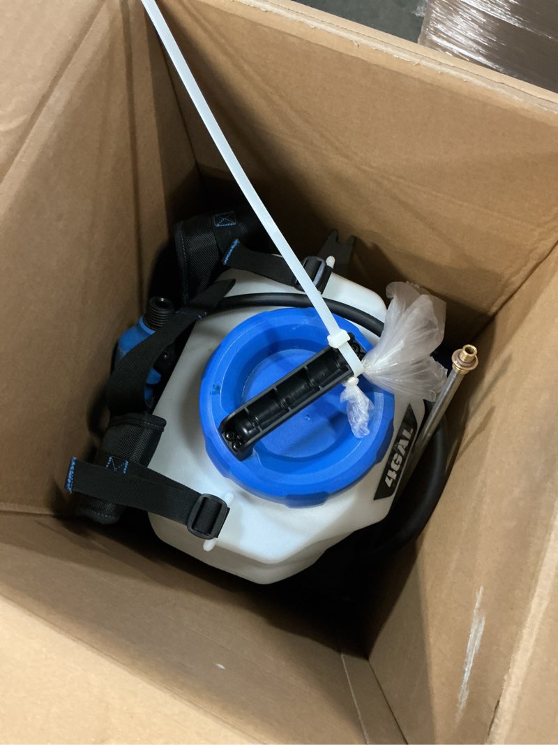 Condition photo showing As Is for kobalt 4-gallon 40-volt battery operated plastic backpack sprayer battery and charger included