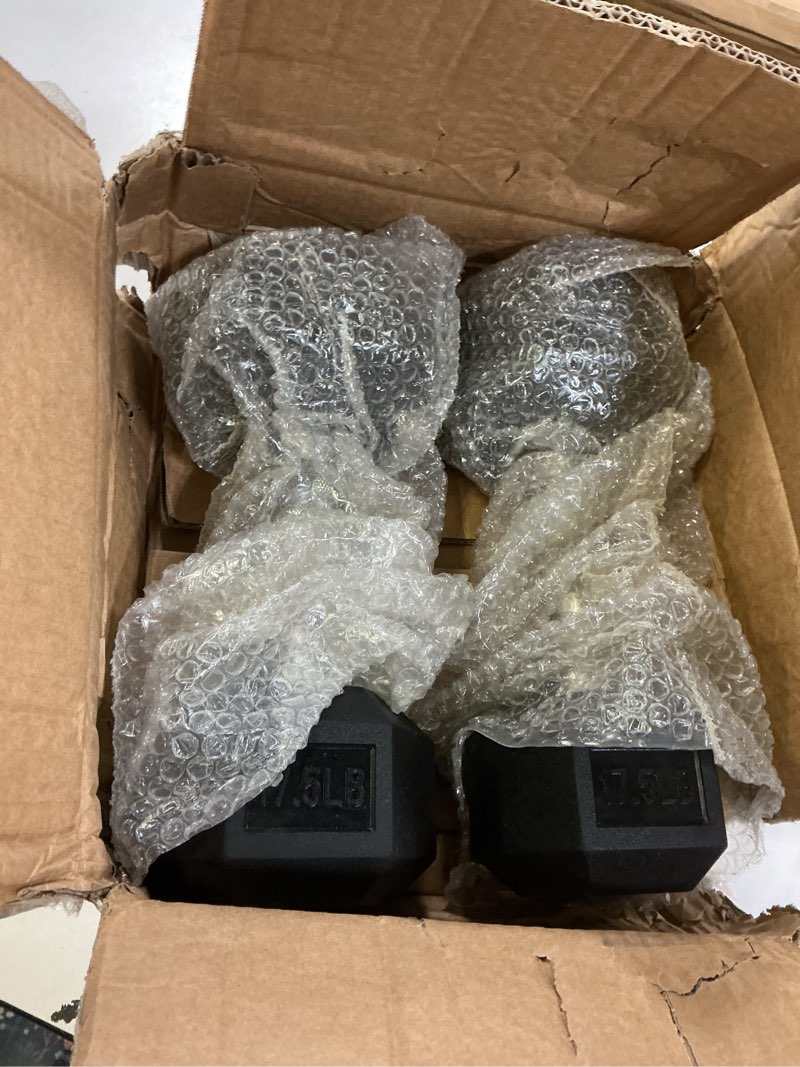 Condition photo showing Good Condition for Hex Dumbbells Rubber Coated Cast Iron Hex Black Dumbbell Free Weights for Exercises 17.5 Pounds / Pair