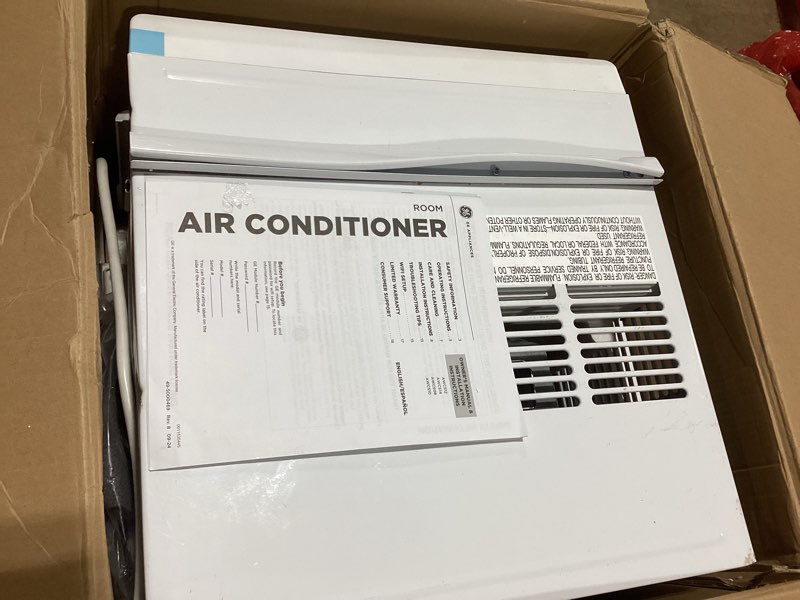 Condition photo showing As Is for ge window air conditioner 10,000 btu for rooms up to 450 sq ft., wi-fi enabled, energy-efficient cooling for medium rooms, easy install kit, control using remote or smartphone app, white new 10,000 btu white