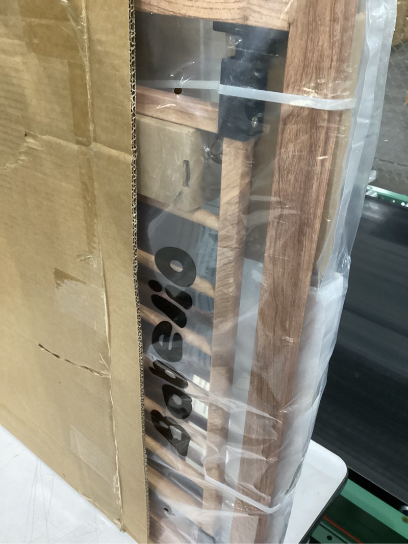 Condition photo showing New/Like New for babelio 29-48" metal baby gate with brown wood pattern, auto close dog gate pressguard p7 for the house, stairs and doorways, pressure mounted pet gate with door, safety gate for child and pets brown wood pattern 30"tall 29"-48" wide
