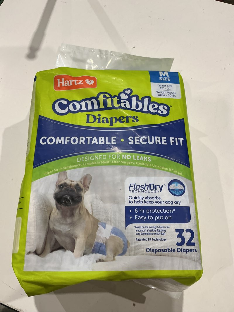 Condition photo showing New/Like New for hartz disposable dog diapers, size m 32 count, comfortable & secure fit, easy to put on value pack medium