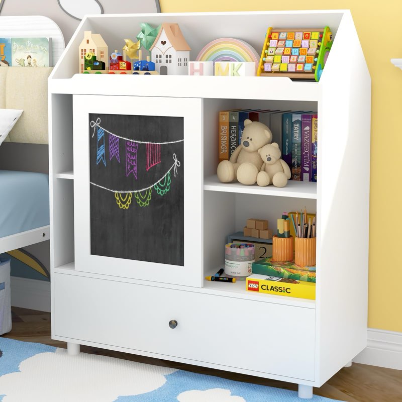 Timy Kids Bookshelf Toy Storage Organizer with Blackboard House-Shaped Design Kids Organizer with Sliding Door Toy Storage Cabinet with 1 Movable Drawers and 4 Cubbies Bookcase, White
