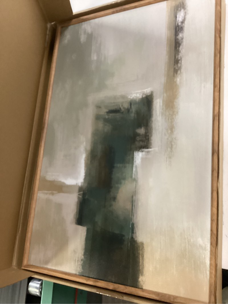 Condition photo showing New/Like New for large abstract green brown framed canvas wall art,modern brush stoke wall decor,neutral beige grey painting,rustic minimalist artwork for living room,bedroom,dining room,office -16"x24"x3 abstract green brown wall art 24"l x 16"w