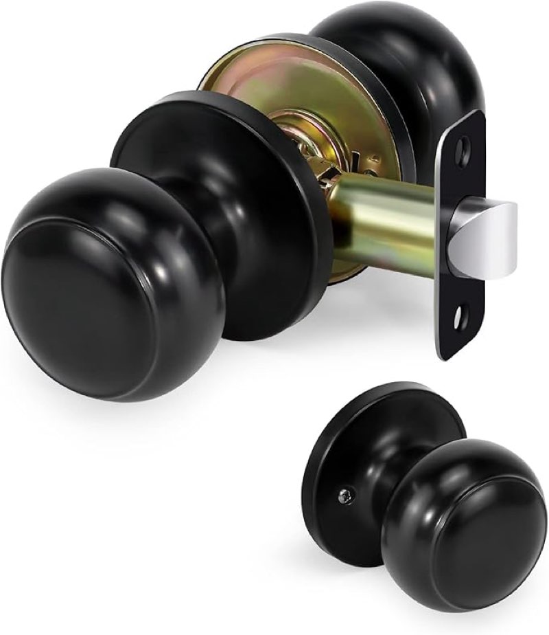 Passage Door Knob, Non-Locking Interior Door Lock, Round Handles for Right and Left Side Hallways, Closet Knobs Keyless Hardware, Matte Black,1 Pack