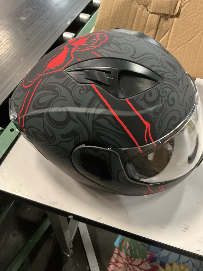 Condition photo showing Good Condition for SPARK Adult Modular Motorcycle Helmet Dot Certified Flip-Up Dual Visor Full Face Helmets for Men & Women Moto ATV UTV Snowmobile ADV Four Wheeler Street Bike (Skull, Large) Skull Large