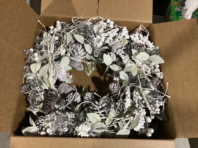 Condition photo showing item condition for Birch Wreath with White Berries, Iced Pine Cones, Holly Leaf, Branch - 26" Winter Christmas Wreath for Front Door or Indoor Wall Window Thanksgiving Decor Silver Green