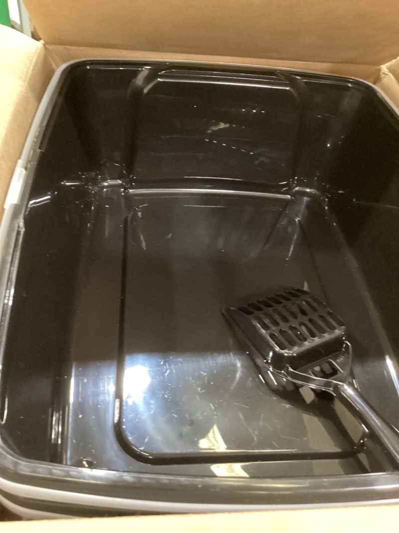 Condition photo showing Good Condition for iris usa cat litter box large open top with high sided walls tall scatter shield scoop included easy clean plastic pan stain resistant for cats kittens indoor multi-cat households 2-pack black black open top - 2 pack